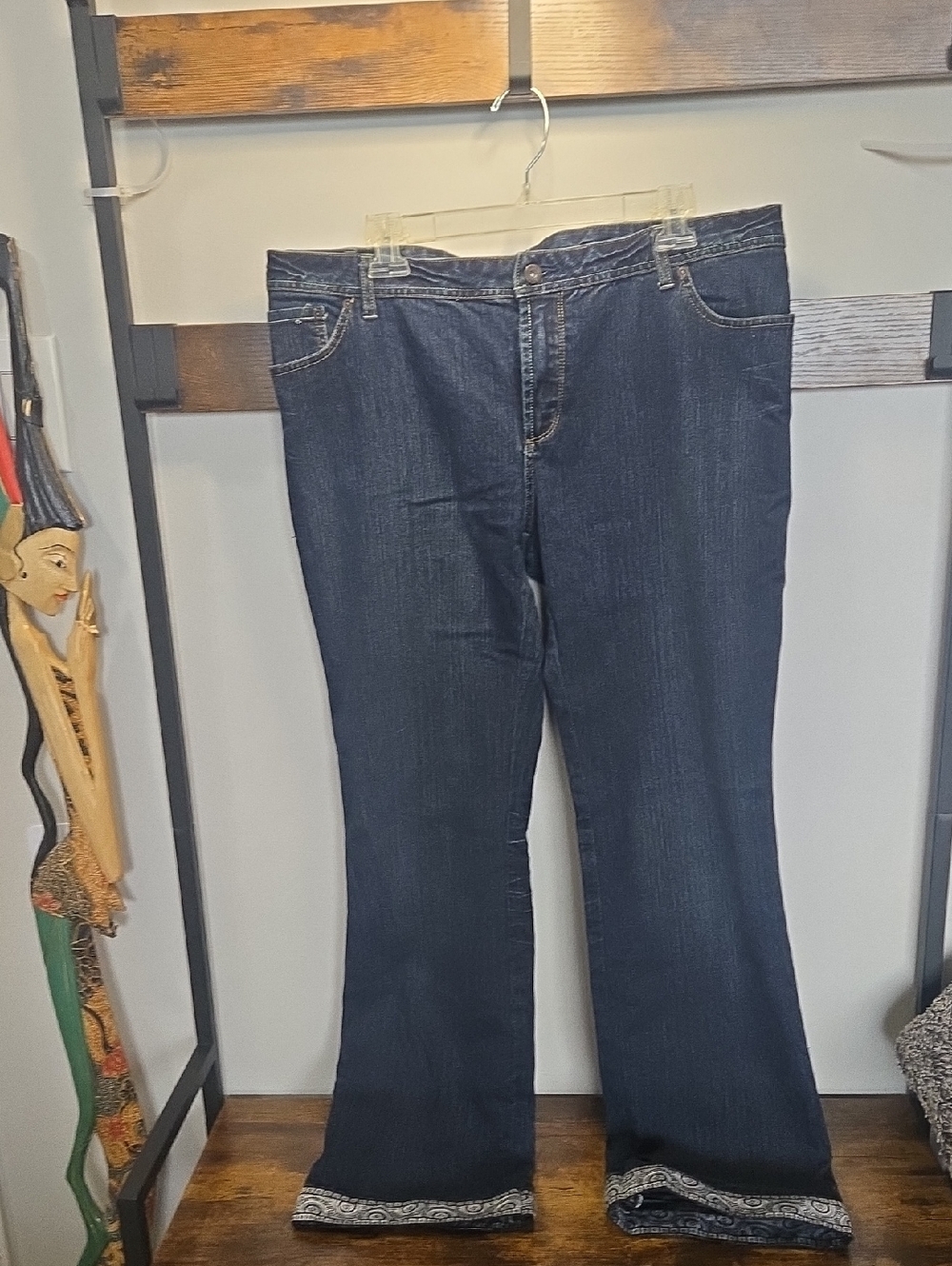 Dark Blue Flare Jeans with Embroidered Hem
